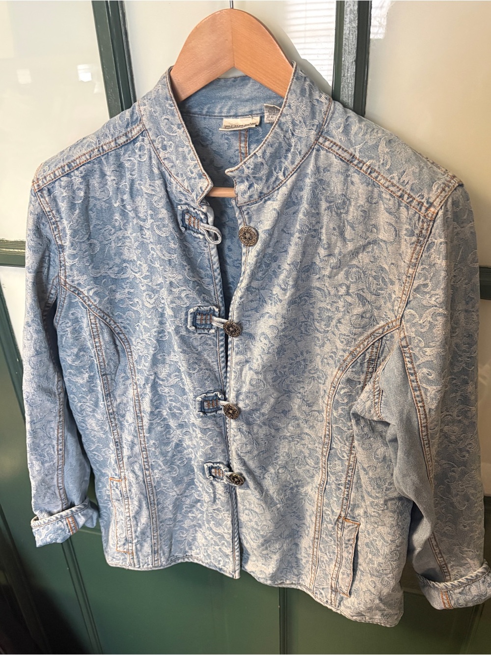 Chico's Light Blue Floral-Pattern Denim Jacket with Mandarin Collar